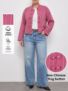 Maija Plus Size Women's Striped Button-Front Long Sleeve Casual Jacket - Pink - View 3