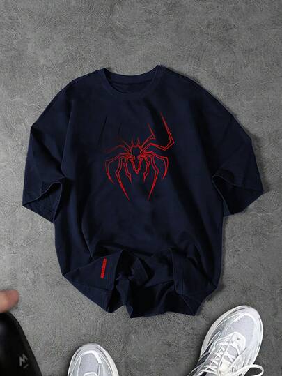 Gym Rark Men's Fashion Spider Pattern Print Contrast Color Crew Neck Sports T-Shirt, Halloween, Gym