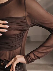 Anewsta Early Autumn New Solid Color Front Pleated Ruched Design Slim Fit Elastic Mesh Fabric Daily Commute Versatile Women's Long Sleeve T-Shirt Top - Coffee Brown - View 5