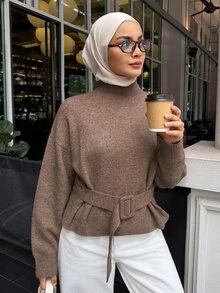 DAZY Women's Solid Color Sweater With Belt, Urban Renaissance Street Style, Casual Fashion, Creative Personalized Streetwear - Khaki - View 1