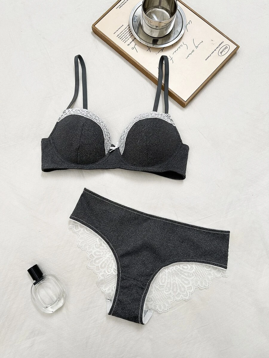 Napfluff 1 Set Light Gray Lace Patchwork Women's Underwire Bra And Lace Patchwork Triangle Panty Set - Dark Grey - View 1