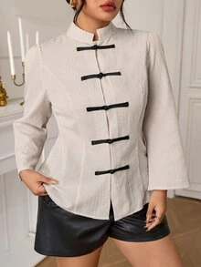 EastFlair Plus Size Women's Elegant Striped Long Sleeve Shirt With Frog Button Design - Apricot - View 2
