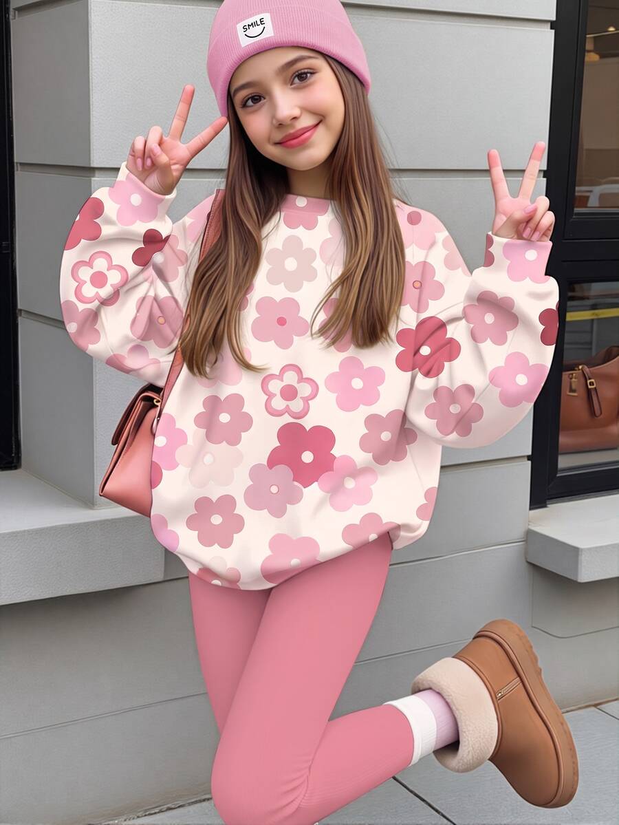 青少年女孩休閒可愛花卉圖案粉色圓領衛衣與鬆緊腰長褲套裝，適合秋冬，休閒、可愛、舒適的秋冬風格 - 白色 - 查看 1
