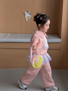DAZY Setelan Sweatshirt 2 Potong Gaya Korea Kerah Peter Pan untuk Bayi Perempuan, Warna Polos, Kasual Musim Gugur/Dingin - Baby Pink - View 9