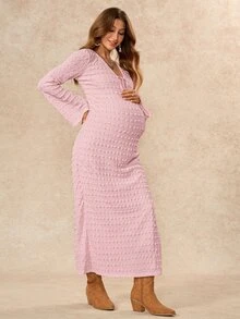 Boho Mama Maternity Solid Color Front Tie V-Neck Bell Sleeve Casual Dress Fall - Baby Pink - View 7