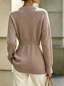 SHEIN 女款休閒版型圓領長袖針織開襟鈕扣式腰部設計針織開襟衫,卡其色,春季/秋季 - 卡其色 - 查看 3