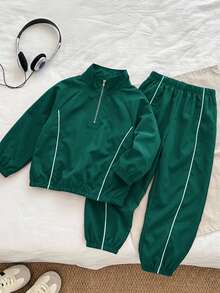 SHEIN 兒童男童 2 件套休閒長袖立領裝飾半拉鍊秋冬夾克與彈性腰長褲套裝，抓絨加厚 - 墨綠色 - 查看 3