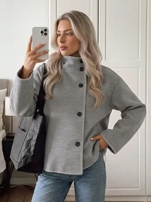 Easowa Women's Lapel Single-Breasted Autumn/Winter Fashion Casual Jacket - Grey - View 2