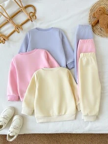 SHEIN Playful Pals 3套幼兒女童運動衫長褲套裝，可愛甜美粉色薰衣草黃色蝴蝶結側條紋長袖圓領常規款，適合戶外秋季慢跑舒適運動 - 彩色 - 查看 2