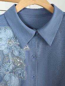 Modelyn Floral Decor Long Sleeve Loose Fit Elegant Commuter Fashion Haze Blue Plus Size Blouse - Dusty Blue - View 5