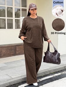 Muchica 女款巧克力棕色大尺碼圓領字母圖案運動衫與長褲休閒工裝創意兩件套，秋冬假期度假穿搭 - 巧克力棕 - 查看 6