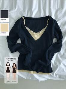 Dazy Tall Women's Deep V-Neck Long Sleeve Fitted Pullover T-Shirt - Navy Blue - View 1