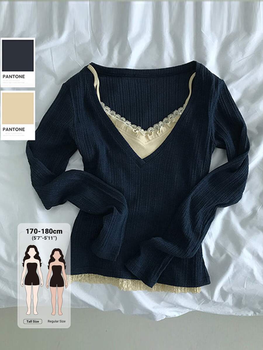 Dazy Tall Women's Deep V-Neck Long Sleeve Fitted Pullover T-Shirt - Navy Blue - View 1