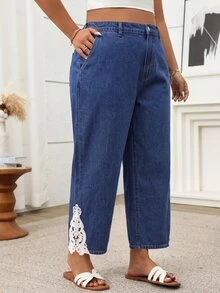 SHEIN 大尺碼女款對比蕾絲鈕扣口袋休閒牛仔褲 - 深色水洗藍 - 查看 6