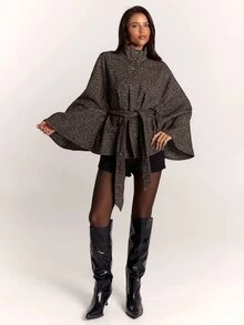 SHEIN BAE Women's Elegant Stand Collar Waist Knot Cape Overcoat - Coffee Brown - View 3