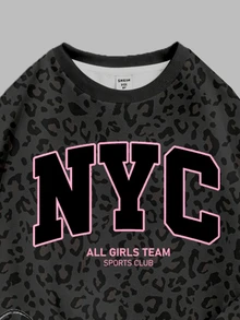 黑粉配色時尚豹紋運動風拼色 NYC 字母圖案女款青少年休閒軟舒適寬鬆圓領套頭衛衣＋內搭褲 2 件套，適合秋冬日常、街頭風、甜酷開學穿搭、美式高街慵懶隨性時尚套裝 - 彩色 - 查看 5