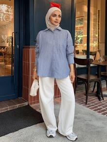 DAZY Women's Casual Striped Single-Breasted Long Sleeve Shirt - Blue - View 5