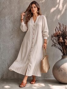 Ceyna Striped Plus Size Women's Notch V-Neck Long Sleeve Single-Breasted Casual Dress - Beige - View 5