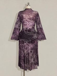 SHEIN ICON 女款大尺碼佩斯利印花前綁帶喇叭袖高低下擺上衣 - 紫色 - 查看 2
