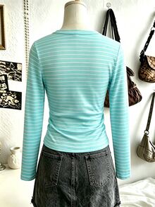 SHEIN 青少年女孩寬鬆V領長袖修身純色上衣，1件裝，秋季日常休閒T恤 - 綠色 - 查看 2