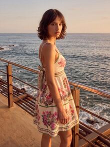 CAJUNI Tropical Vacation Floral Embroidery Mini Dress With Long Sleeves - Multicolor - View 4