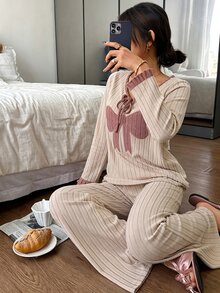 Napfluff Women's Casual Ribbed Knit Front Tie Bow Embroidered Loungewear Pajama Set - Apricot - View 6