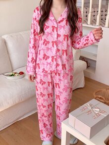 Tween Girl Allover Bow Print Pajamas Set - Pink - View 1