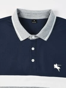 Calvornis 男士春秋撞色領長袖通勤 Polo 衫，深色輕量奢華馬標裝飾商務休閒極簡百搭套頭內搭上衣 - 藍白色 - 查看 5