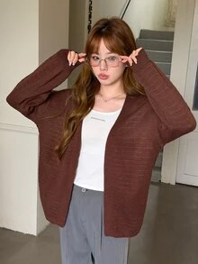 K-Vae Women's Solid Color Long Sleeve Loose Fashion Versatile Cardigan - Brown - View 1