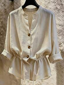 Franclia Women's Stand Collar Button Decor Long Sleeve Waist-Cinching Minimalist Versatile Casual Top - Apricot - View 1