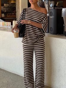 Siren Gaze 女款條紋單肩五分袖上衣與長褲時尚休閒兩件套 - 巧克力棕 - 查看 3