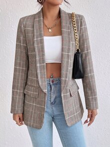 SHEIN Plaid Fake Pocket Shawl Collar Long Sleeve Blazer - Multicolor - View 5