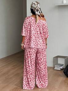 Coolane 女款大尺碼夏秋優雅休閒度假豹紋圖案印花粉色露肩T恤與寬腿運動長褲 - 玫紅色 - 查看 5