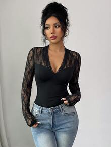 SHEIN Elenzya Contrast Lace Sheer Cup Detail V Neck Top - Black - View 6