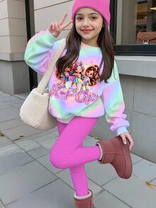 Kids Young Girl Cute Cartoon Girl Print, Colorful Polka Dot Crew Neck Long Sleeve Sweatshirt & Leggings 2-Piece Set, Suitable For Autumn/Winter Y2K - Multicolor - View 1
