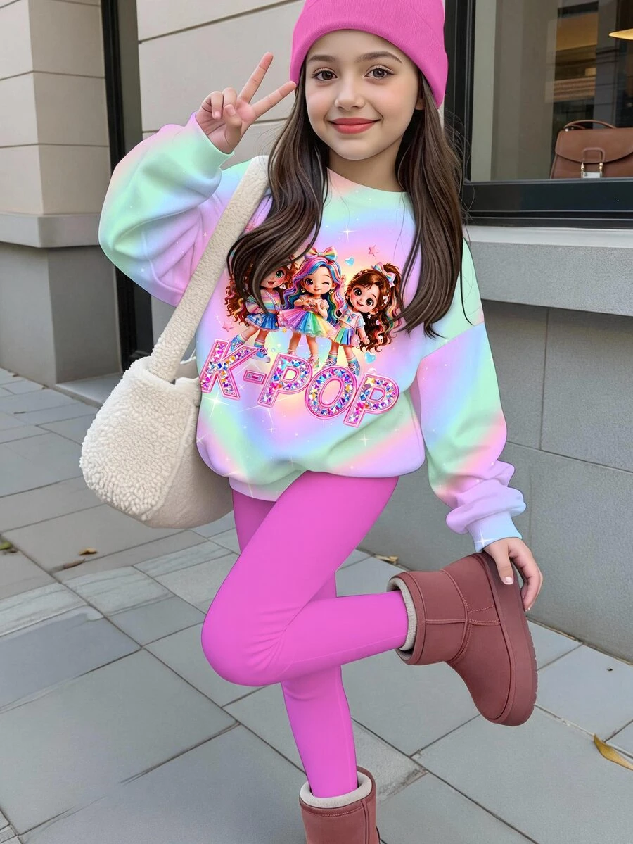 Kids Young Girl Cute Cartoon Girl Print, Colorful Polka Dot Crew Neck Long Sleeve Sweatshirt & Leggings 2-Piece Set, Suitable For Autumn/Winter Y2K - Multicolor - View 1