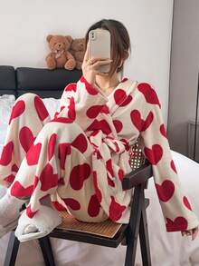 SHEIN Heart Flannel Soft & Comfortable Tie-Up Robe And Pants Loungewear Set - Multicolor - View 4