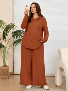 Rosumi 大尺碼女款休閒深灰色連帽衛衣與長褲兩件套，附口袋，秋冬款 - 鏽棕色 - 查看 1