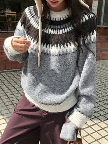 DAZY Women's Round Neck Contrast Color Autumn/Winter Korean Style Long Sleeve Sweater - Grey - View 11
