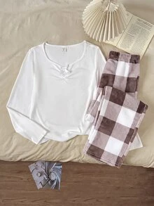 SHEIN 青少年女孩秋/冬修身 T 恤與毛茸茸格紋長褲家居服套裝，休閒舒適睡衣套裝，長袖，秋季穿搭 - 卡其色 - 查看 4