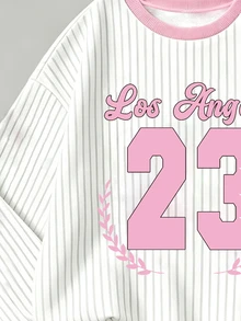 女童休閒圓領條紋衛衣與修身內搭褲套裝，甜美粉白配色，寬鬆落肩長袖衛衣搭配高彈修身長款內搭褲，衛衣飾有美式23號與蝴蝶結印花，內搭褲側面印有洛杉磯藝術字體，適合日常穿著與週末出遊 - 彩色 - 查看 5