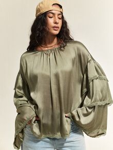 SHEIN Kemeja Lengan Panjang Wanita Warna Abu-Hijau Musim Gugur, Gaya Bohemian Pedesaan Santai, Siluet A-Line Bahu Longgar, Leher Bulat dengan Lipatan Terintegrasi. - Hijau - View 5