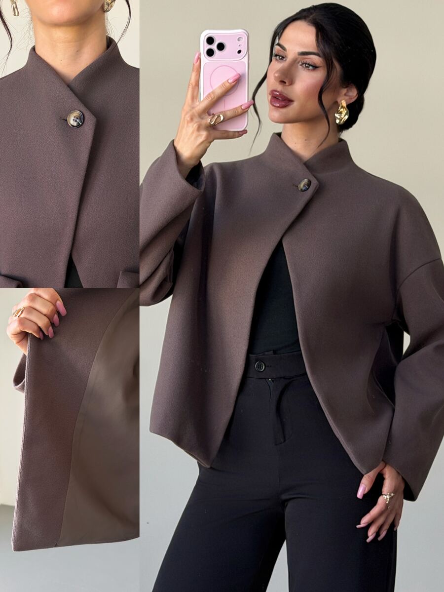 Firerie Women's Autumn/Winter New Loose Long Sleeve Overcoat, Coffee Grey Solid Color Drop Shoulder Fashion Streetwear Versatile Wool Loose Coat, Suitable For Daily Commute And Home Wear - Grey - View 1