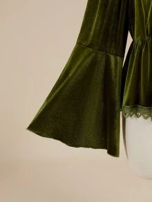 ROMWE Fairycore Plus Size Autumn/Winter Vintage Mori Style Floral Embroidered Velvet Drawstring Open Front A-Line Top - Green - View 5