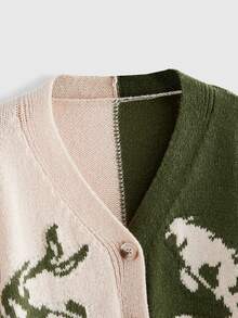 ROMWE Autumn/Winter New Chinese Style Goldfish & Koi Pattern Colorblock Casual Cardigan For Women - Green - View 3