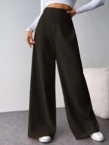 SHEIN Tall CURVE Plus Size Women Solid Color High Waist Wide Leg Loose Casual Long Pants - Brown - View 6