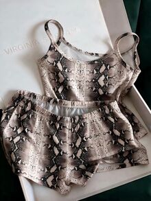 Franclia Women's Snake Print Camisole Top And Elastic Waist Shorts Casual Vacation 2 Pieces Set - Brown and White - View 1