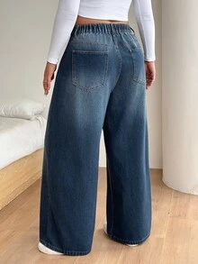 SHEIN PETITE CURVE Celana Jeans Denim Cuci Ukuran Besar untuk Wanita, Kasual Sederhana untuk Sehari-hari - Biru - View 3