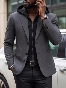 Manfinity Mode Men's Old Money Grey And Black Colorblock Hooded 2 In 1 Suit Jacket, Casual Textured Two-Button Loose Fit Versatile Commuter Blazer, - Dark Grey - View 6