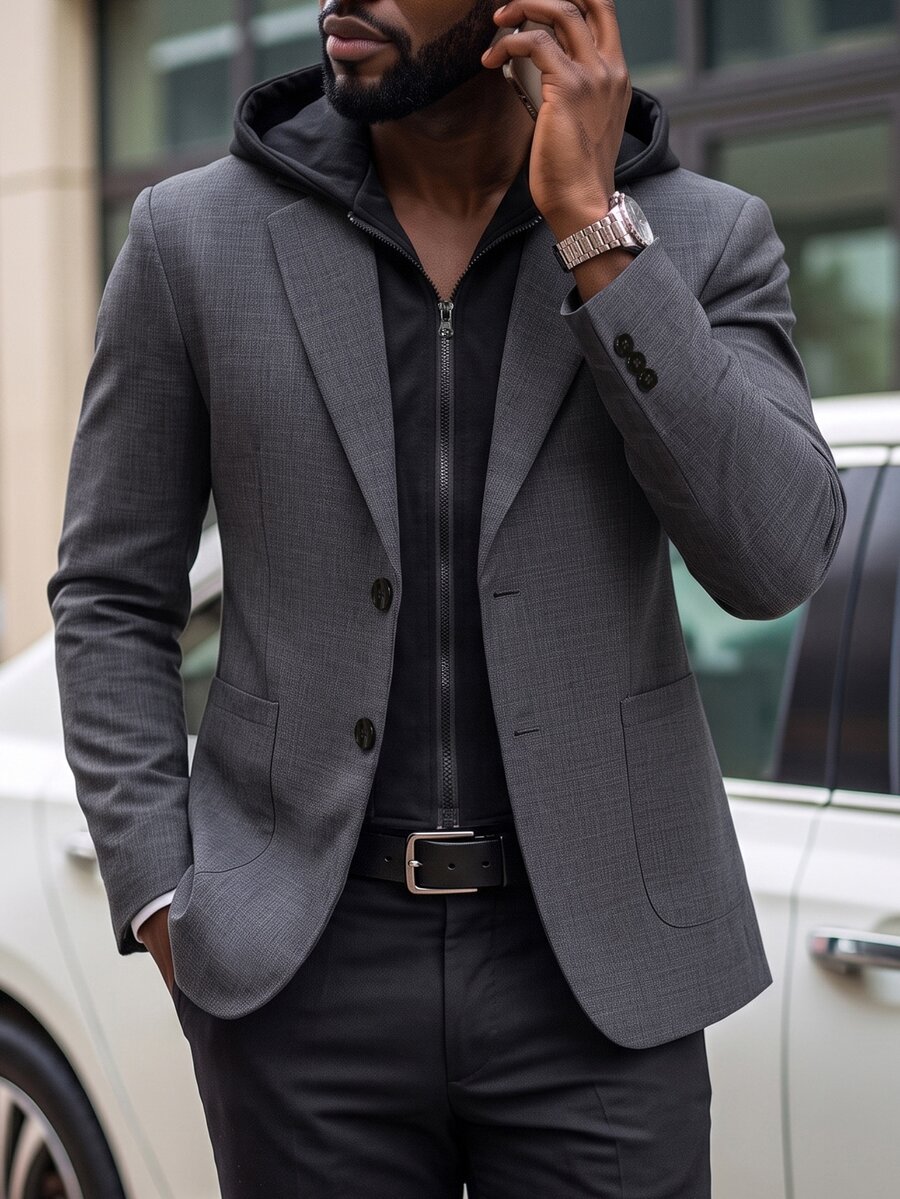 Manfinity Mode Men's Old Money Grey And Black Colorblock Hooded 2 In 1 Suit Jacket, Casual Textured Two-Button Loose Fit Versatile Commuter Blazer, - Dark Grey - View 1